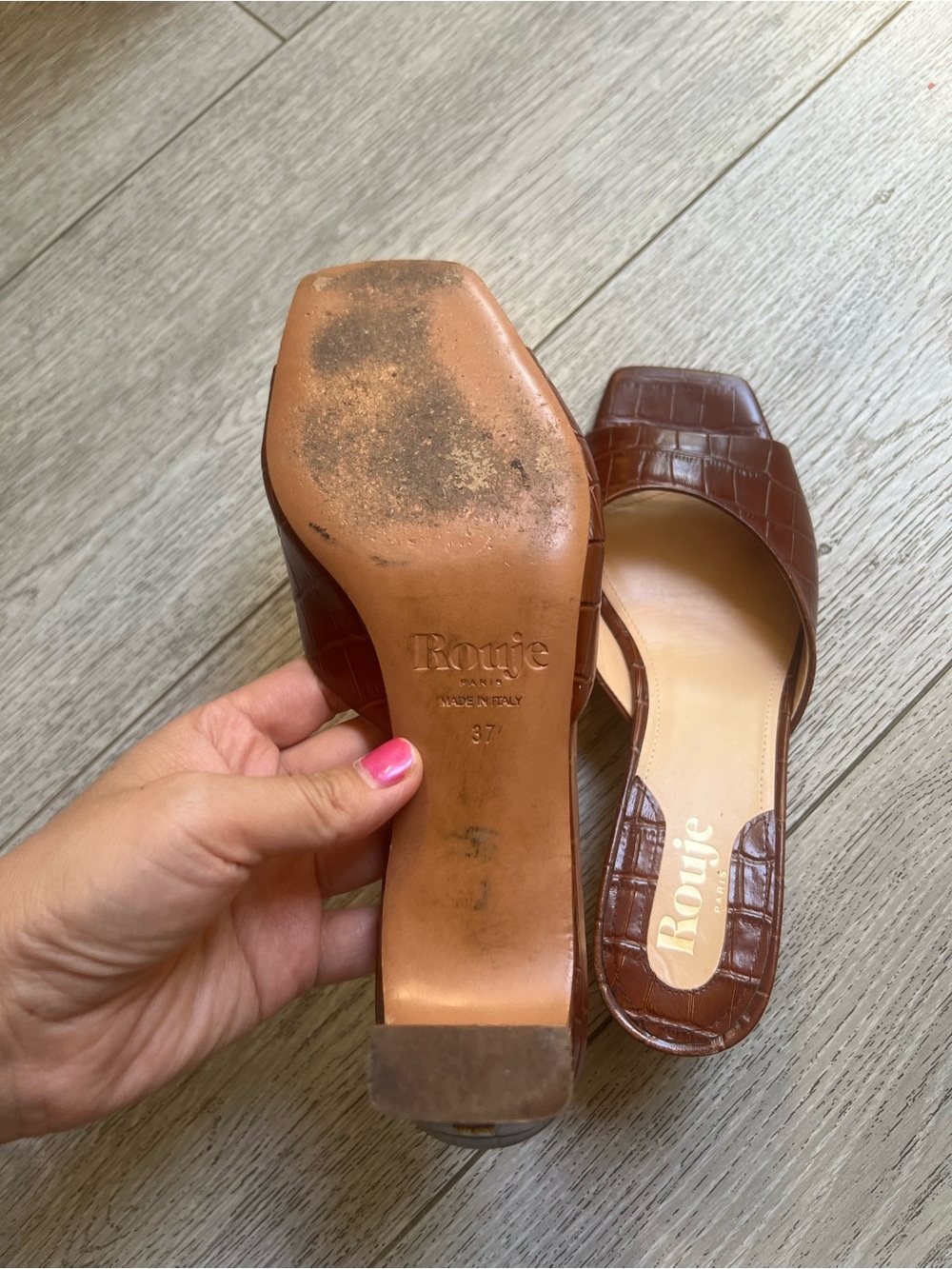 Rouje Paris Women's Brown Croc-Embossed square toe -Mid Heel Mules - Picture 7 of 8
